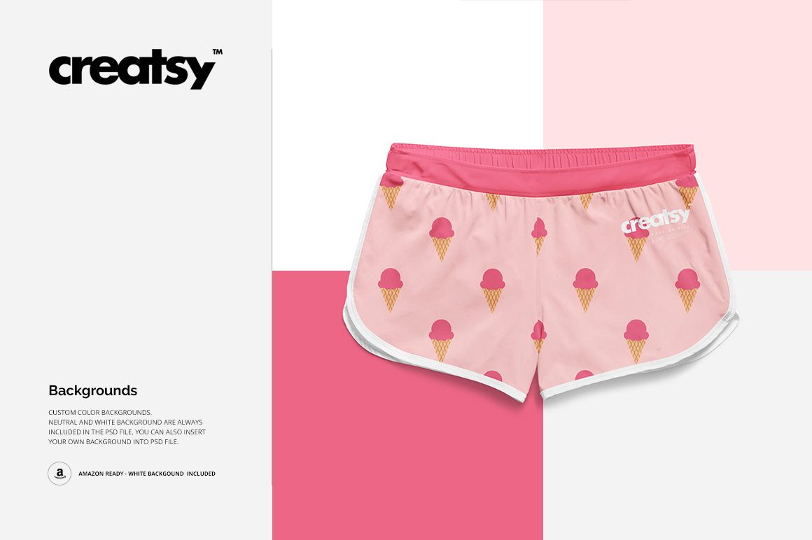 PSD mockup of women's shorts featuring a playful ice cream print, pink accents, and white side panels on a neutral backdrop.
