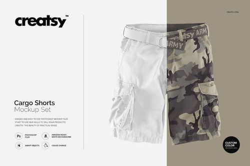 Front view of adult cargo shorts mockup, left side in solid light gray, right side in green camouflage pattern.