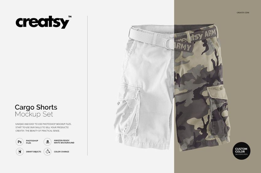 Front view of adult cargo shorts mockup, left side in solid light gray, right side in green camouflage pattern.