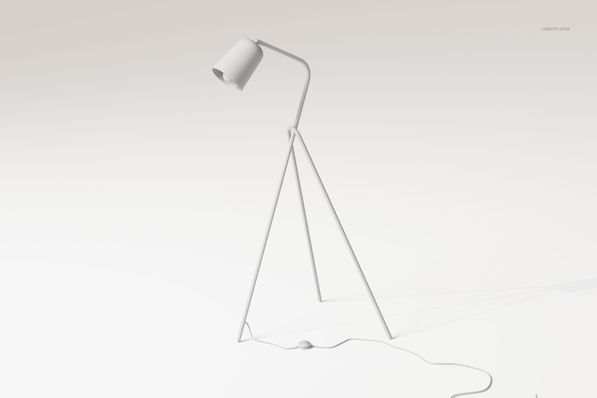 Minimalist grasshopper style floor lamp with angled tripod legs and a cylindrical shade, shown on a light background.