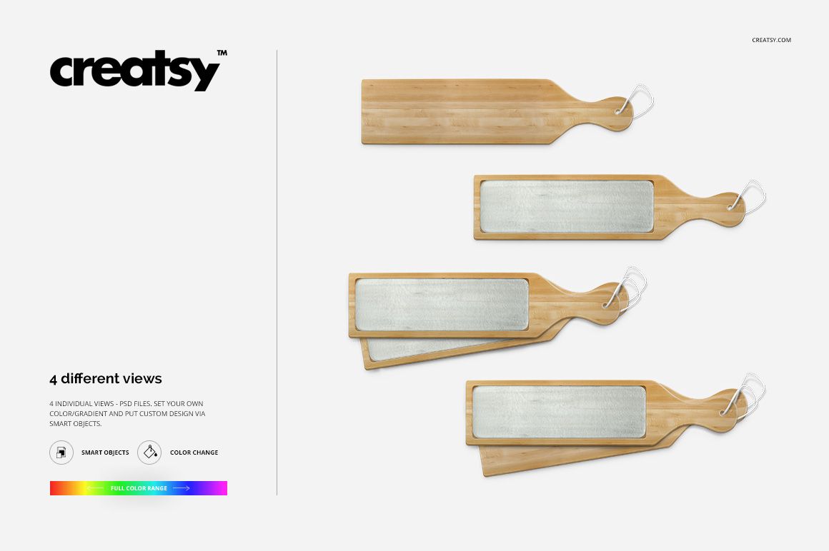 PSD mockup showing four paddle-shaped chopping boards with glass sections, viewed from above on a white surface.