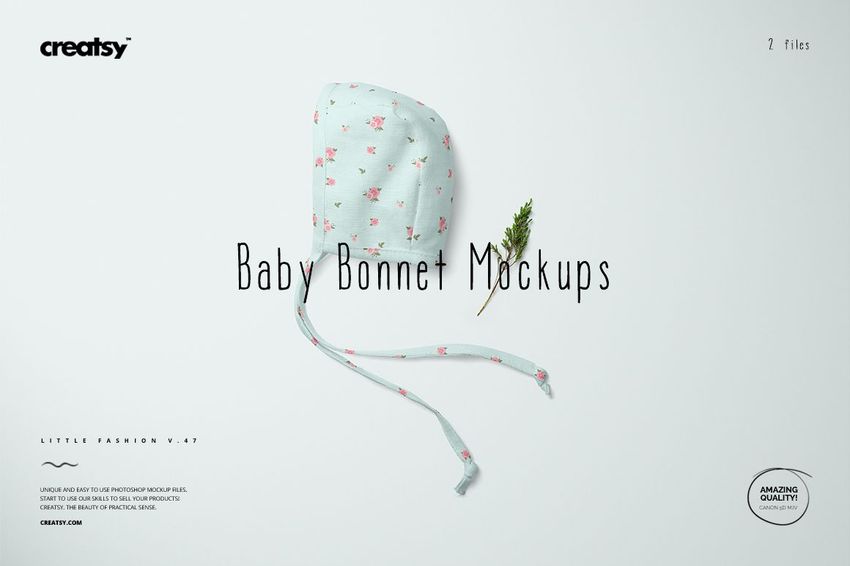 Baby bonnet mockup displayed flat on a light background, featuring pastel blue fabric with pink flowers and ties.