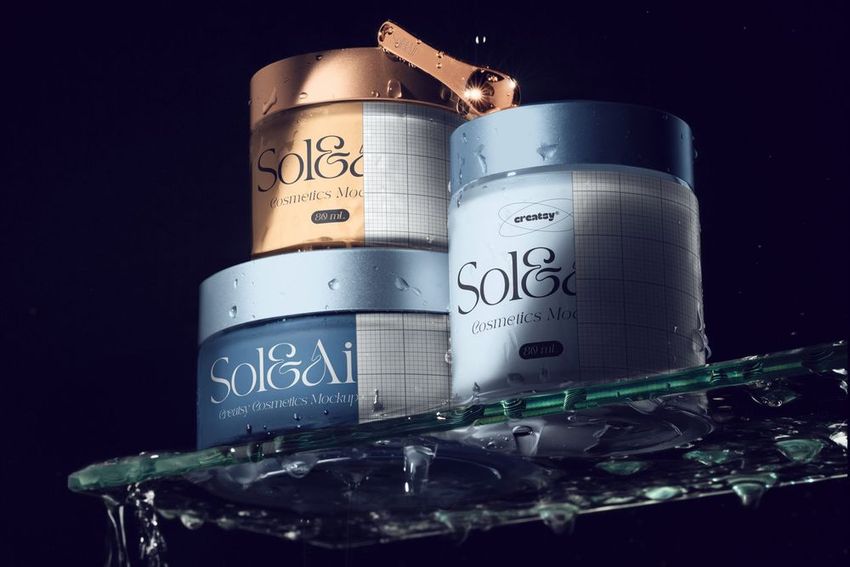 Cosmetic Jars on Glass with Water Mockup 