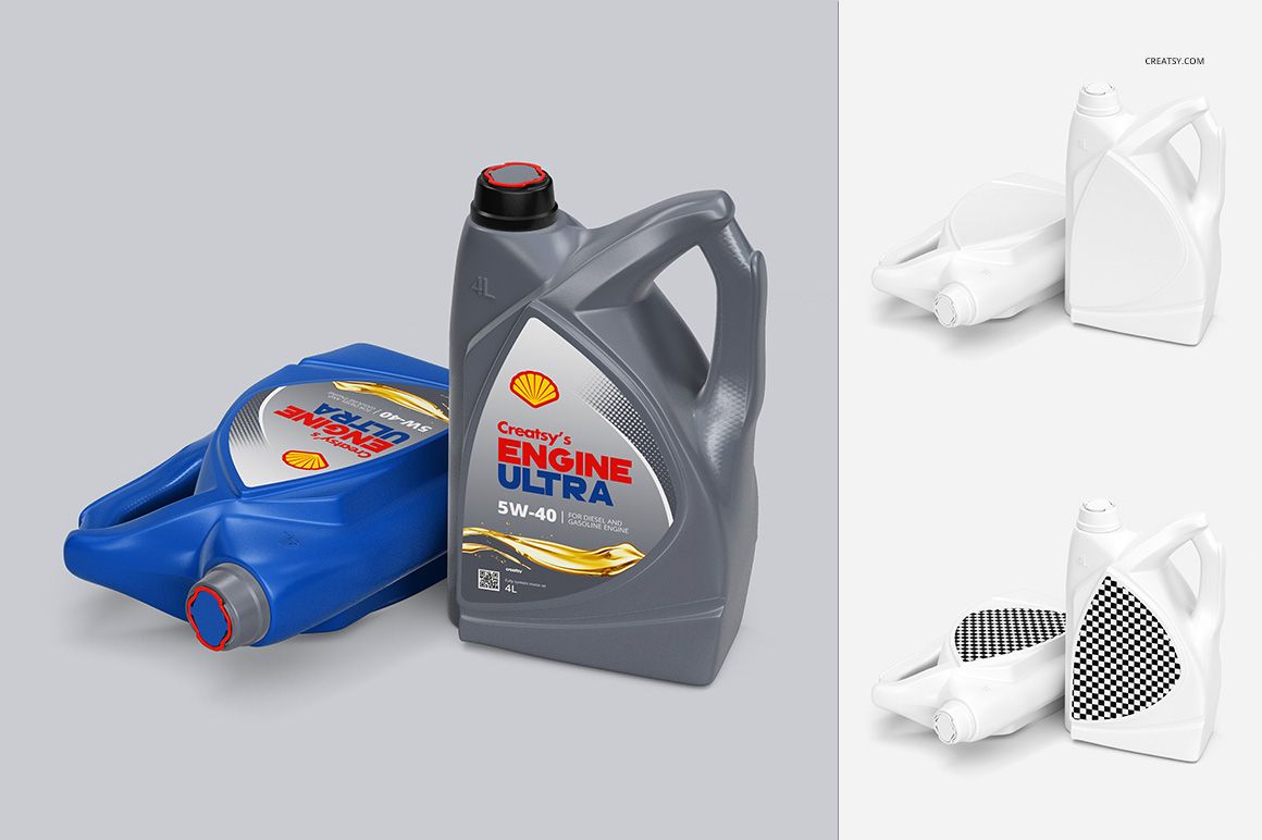 Motor oil bottle PSD mockup featuring blue and gray bottles with editable labels and a white, minimalist backdrop.
