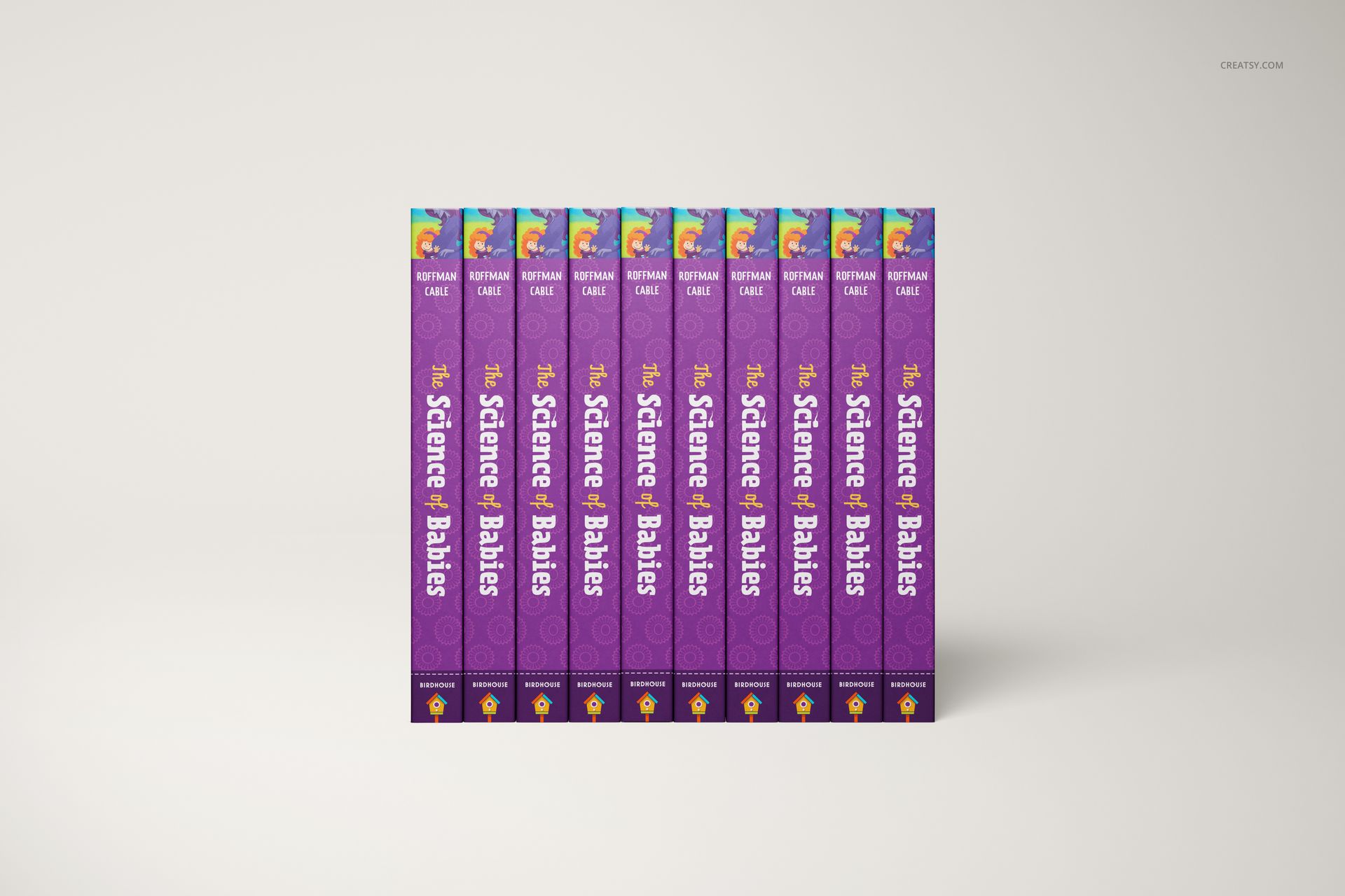 PSD mockup showing several board books with vibrant purple spines, viewed from the front on a neutral backdrop.