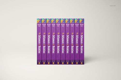 PSD mockup showing several board books with vibrant purple spines, viewed from the front on a neutral backdrop.