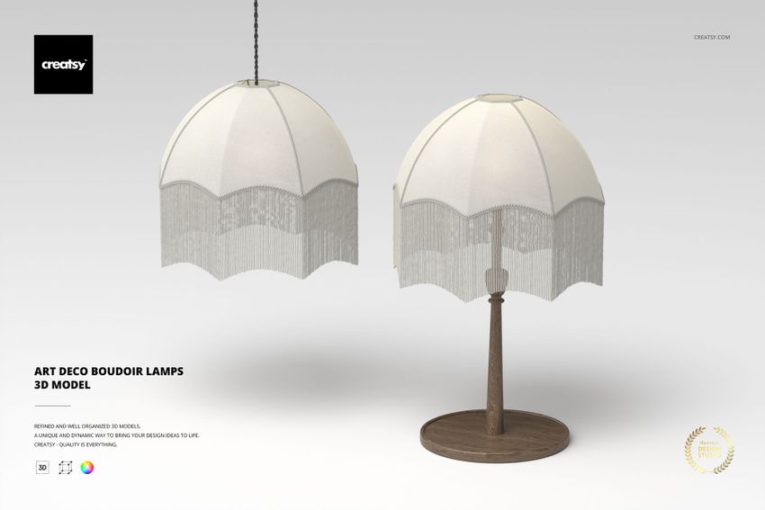 Front view of two Art Deco boudoir lamps with white fabric shades and fringe, one hanging and one on a wooden base.