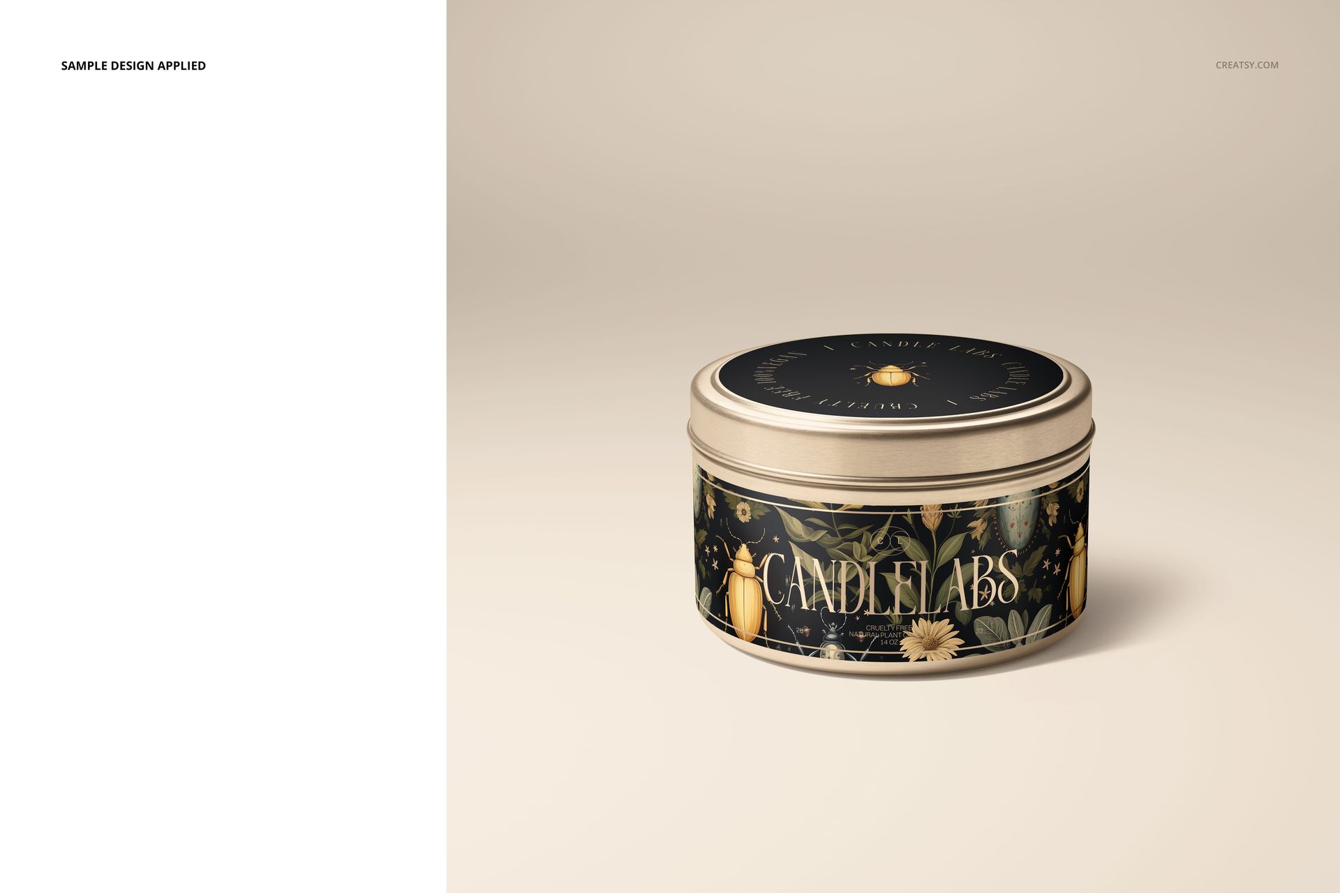Metal candle tin mockup with a botanical design and cotton wick, displayed in a front view on a light surface.