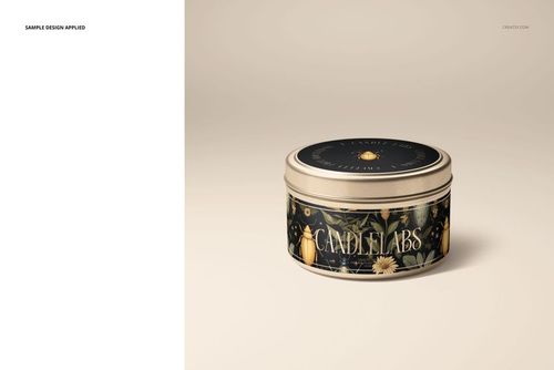 Metal candle tin mockup with a botanical design and cotton wick, displayed in a front view on a light surface.