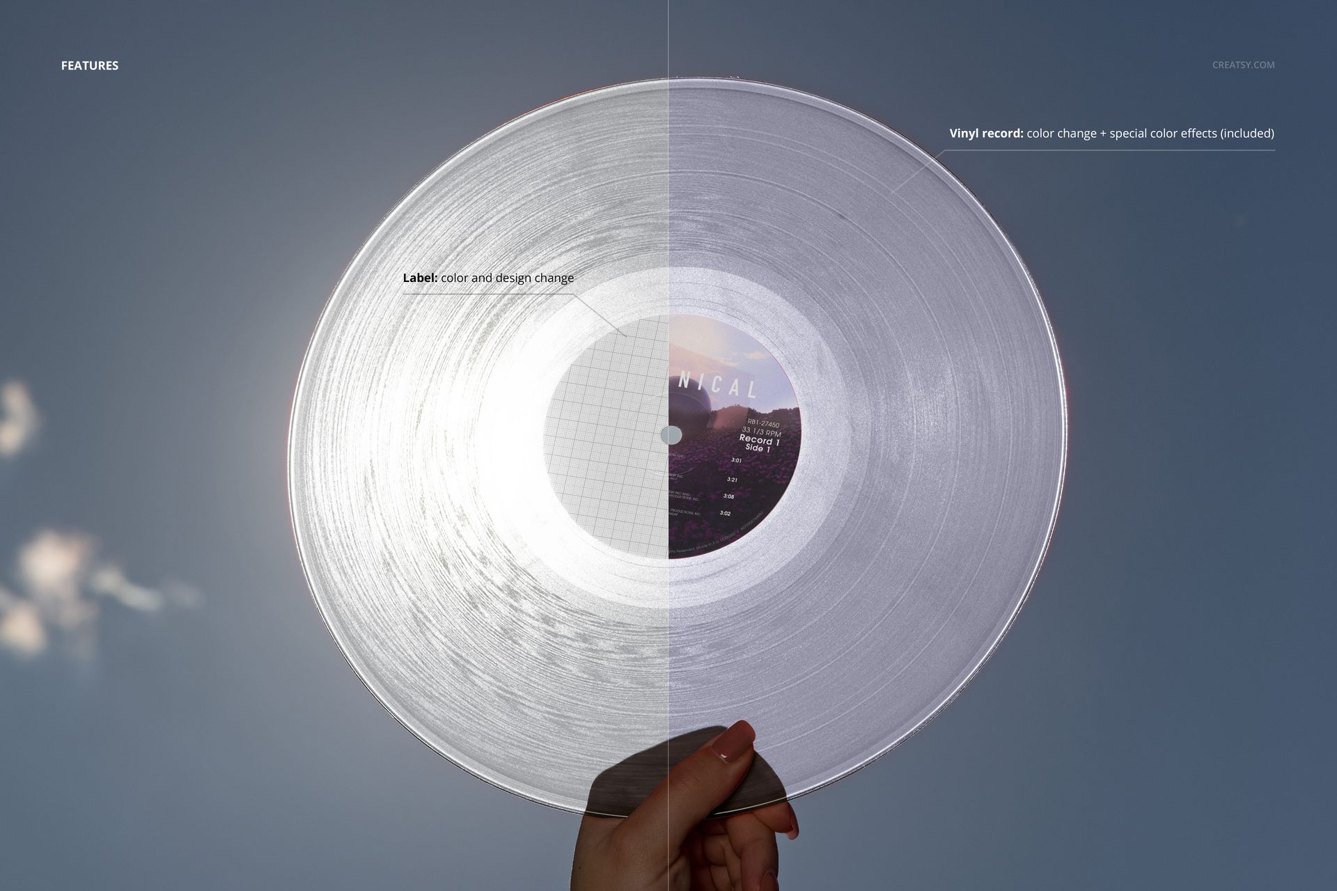 PSD mockup showing a hand holding a clear colored vinyl record outdoors, sunlight highlighting the grooves and label.