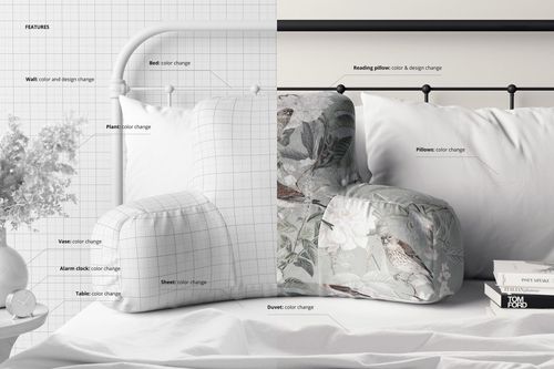 Split scene of a reading pillow mockup on a bed, featuring a white grid design and a botanical print variant.