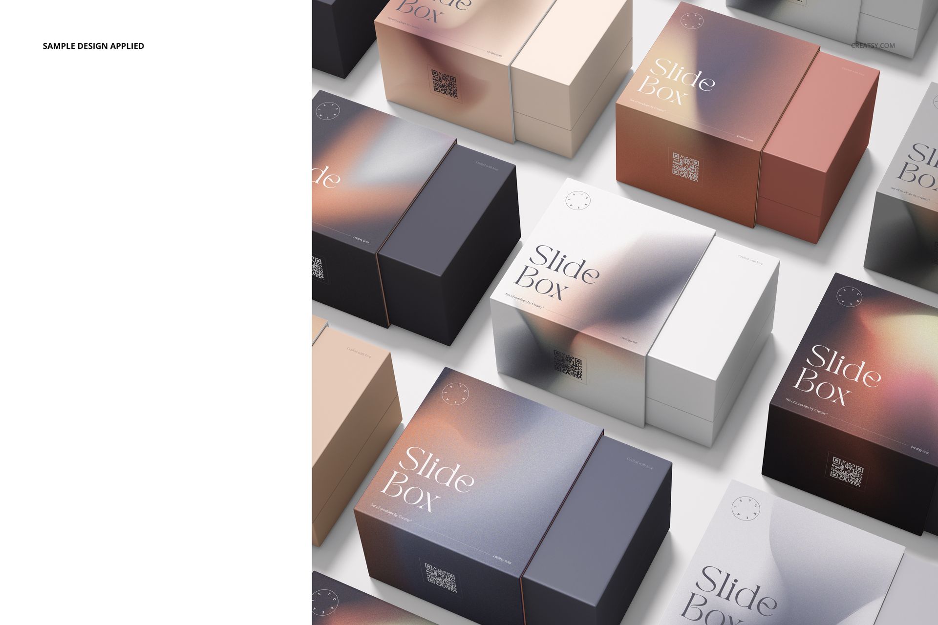 PSD mockup showing a collection of slide gift boxes in assorted shades and patterns, organized in a neat grid layout.