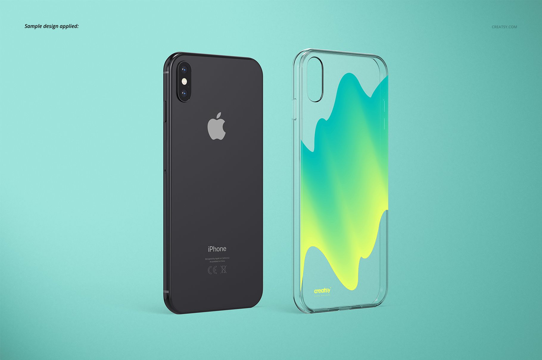 iPhone XS Max clear case mockup showing a transparent cover with a vibrant green and yellow design, side by side with a phone.