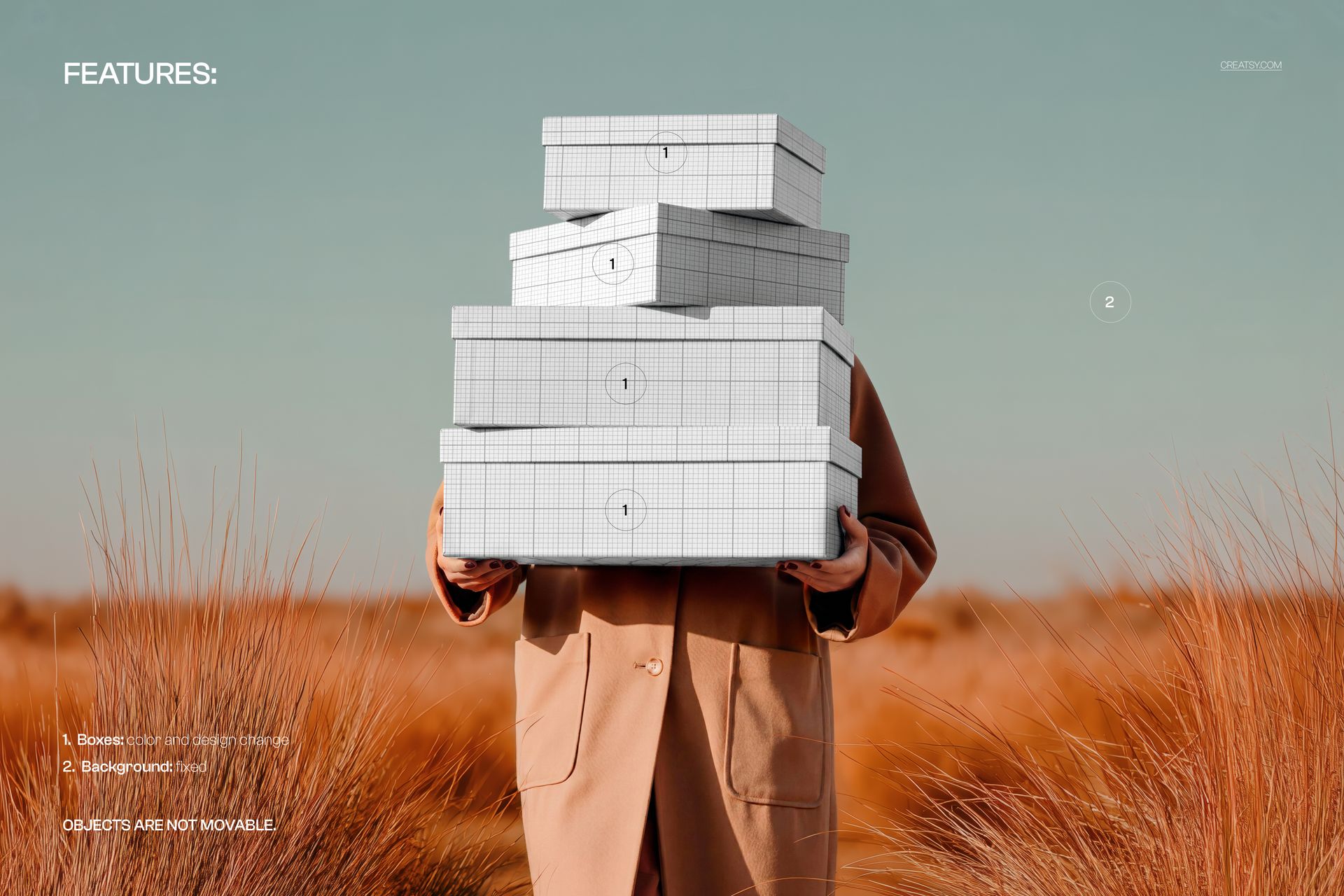 Front view of a woman holding a stack of white shoe boxes mockup in a field of pampas grass, wearing a tan coat.