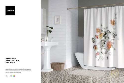 White bath curtain mockup with pastel floral pattern, displayed in a modern bathroom with tiled walls and floor.