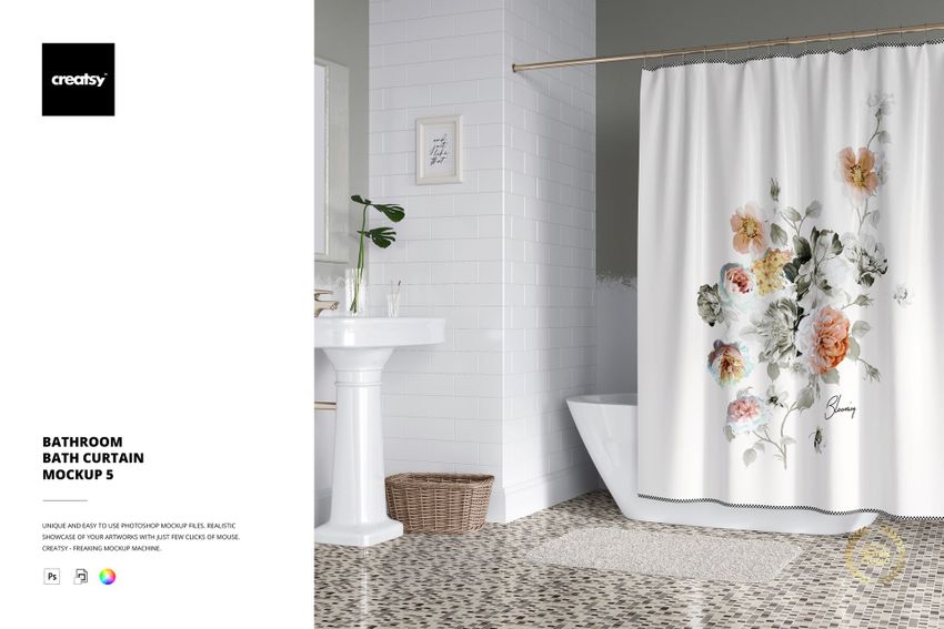 White bath curtain mockup with pastel floral pattern, displayed in a modern bathroom with tiled walls and floor.
