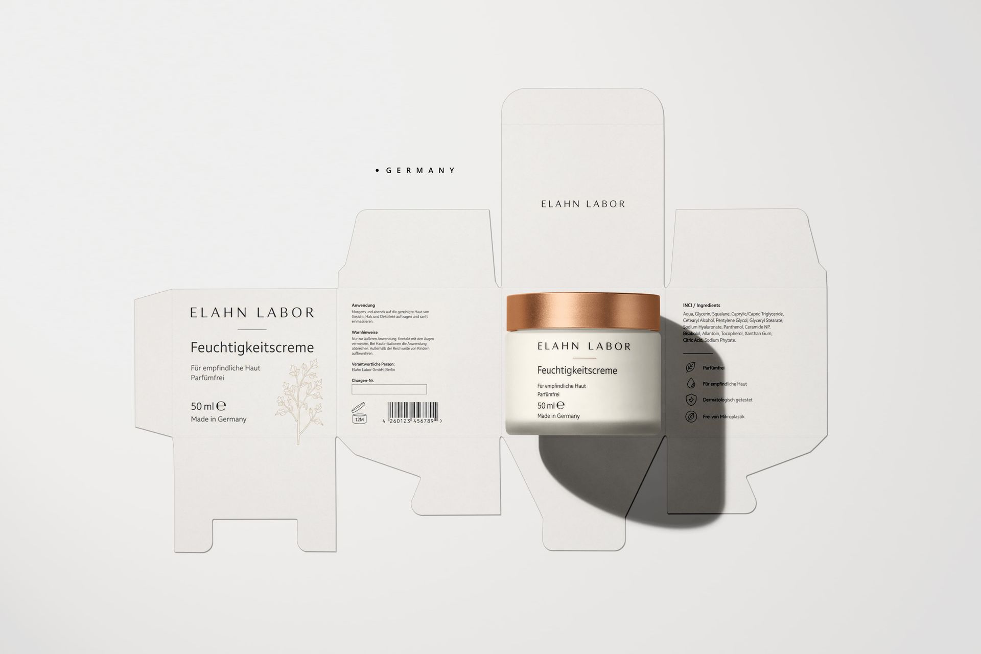 EU/Germany skincare cream packaging mockup with metric quantity, INCI panel, responsible person block, PAO icon, and EAN-style barcode