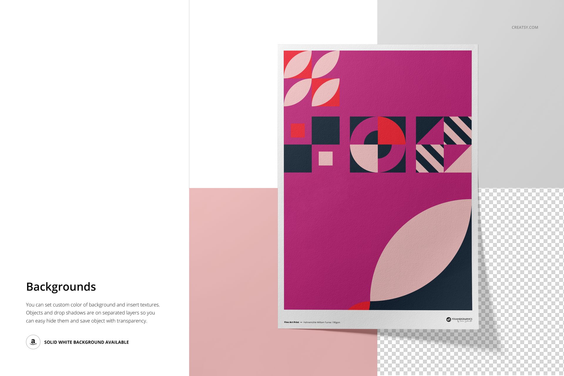 A3 fine art print mockup featuring a geometric abstract design in pink, navy, and beige on a white border.