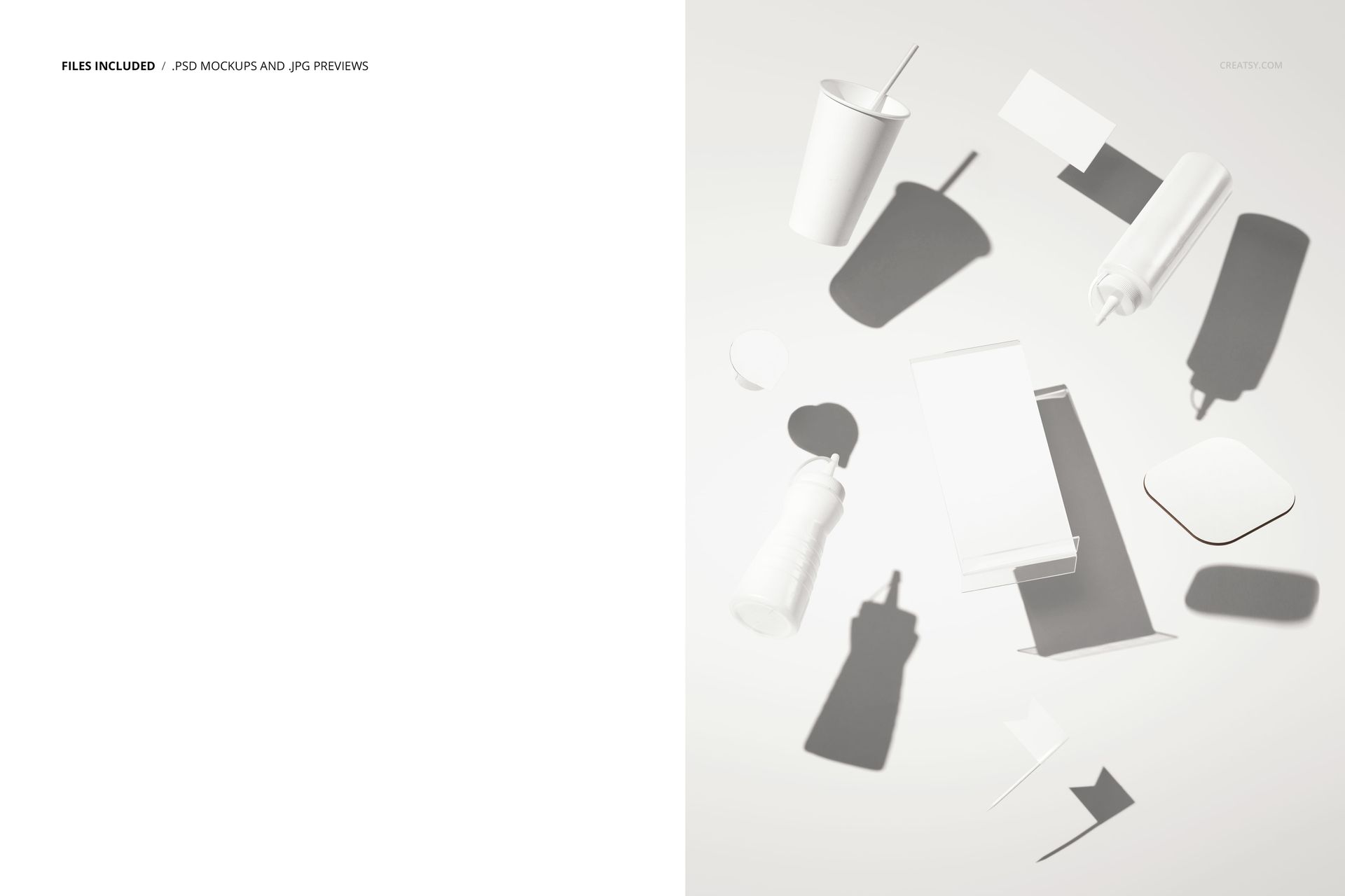 Floating fast food packaging mockup with various white containers, cups, bottles, and branding items casting shadows.