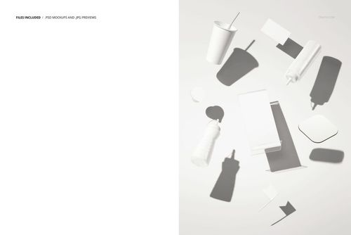 Floating fast food packaging mockup with various white containers, cups, bottles, and branding items casting shadows.
