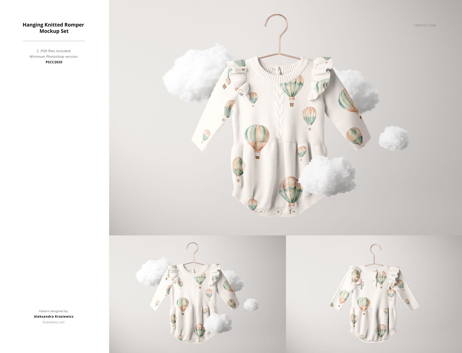 Front view of a knitted baby romper mockup with pastel hot air balloon pattern, hanging among soft clouds.