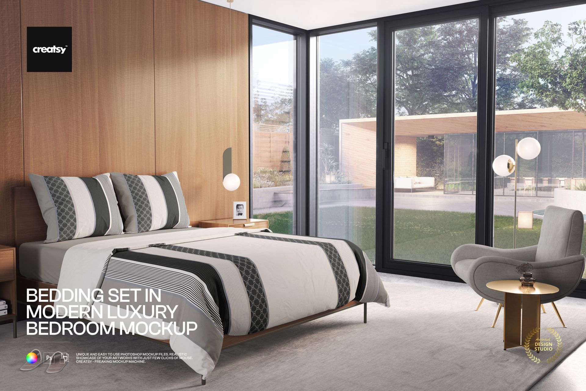 Front view of a luxury bedroom mockup with a bedding set in gray and white tones, wood wall, and lounge chair.