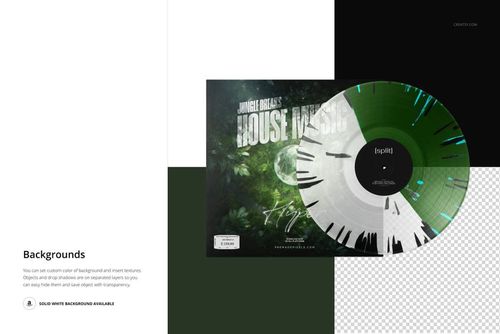 Vinyl record featuring a green and white splatter pattern placed beside its cover, displayed on a mockup background.