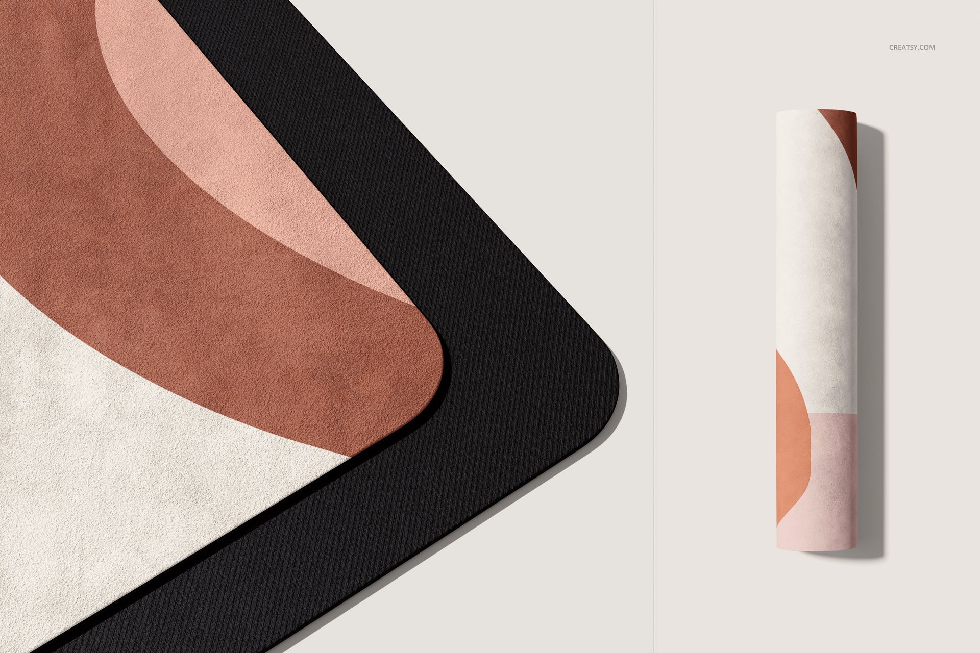 Close-up of a microfiber suede yoga mat mockup featuring geometric brown and pink shapes, displayed flat and rolled.