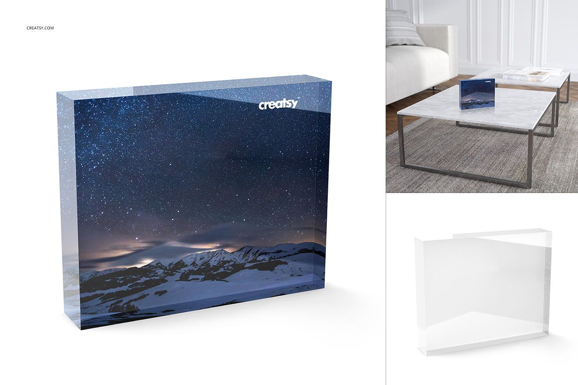 Rectangular acrylic tile mockup with a starry night landscape, displayed upright on a white marble table in a bright interior.