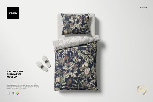 Floral patterned duvet and pillow mockup in Austrian size, displayed from above with slippers beside the bedding.