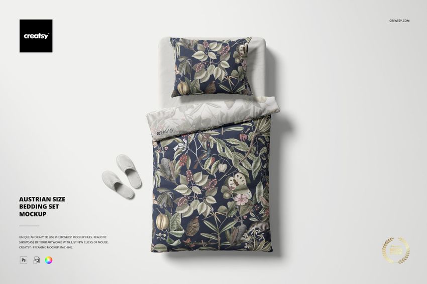 Floral patterned duvet and pillow mockup in Austrian size, displayed from above with slippers beside the bedding.
