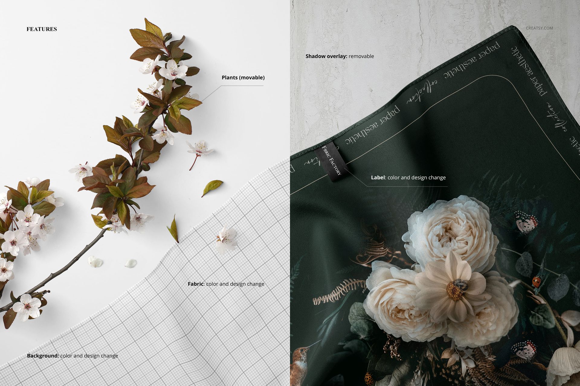 Close-up view of a silk scarf mockup with machine hemmed edges, featuring floral designs and grid background.