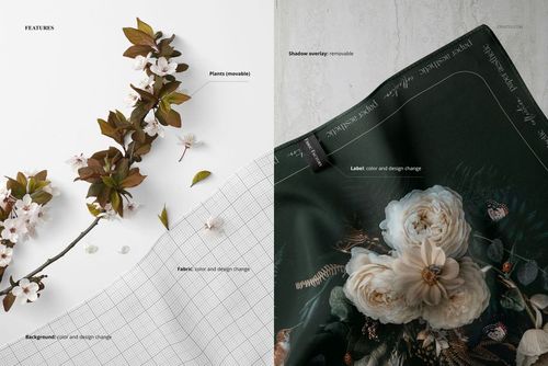 Close-up view of a silk scarf mockup with machine hemmed edges, featuring floral designs and grid background.