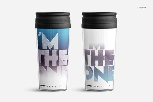 Travel mug PSD mockup set displaying two mugs upright, with graphic text patterns and black lids on a plain surface.
