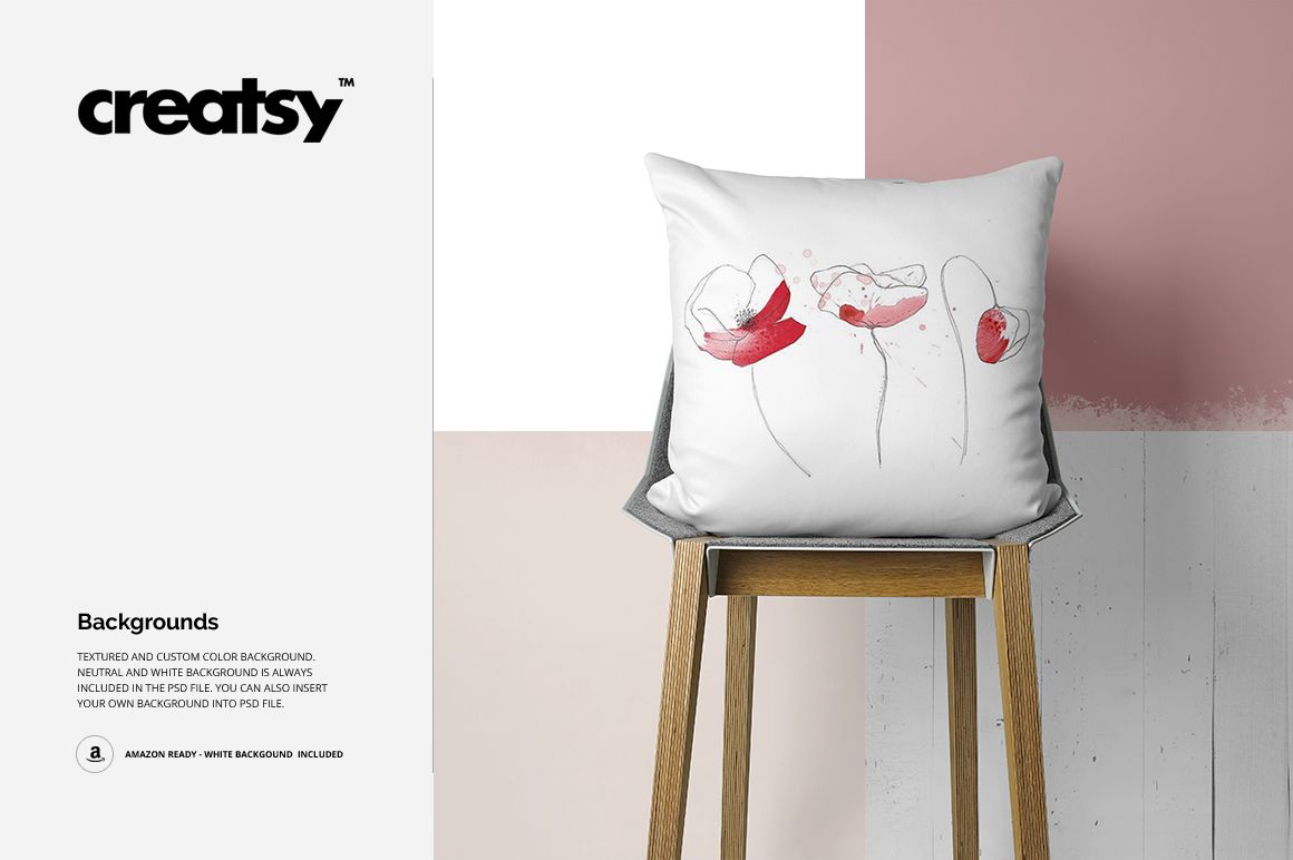 Mockup of a white pillow featuring abstract red flower artwork, placed on a chair with a color-blocked wall backdrop.