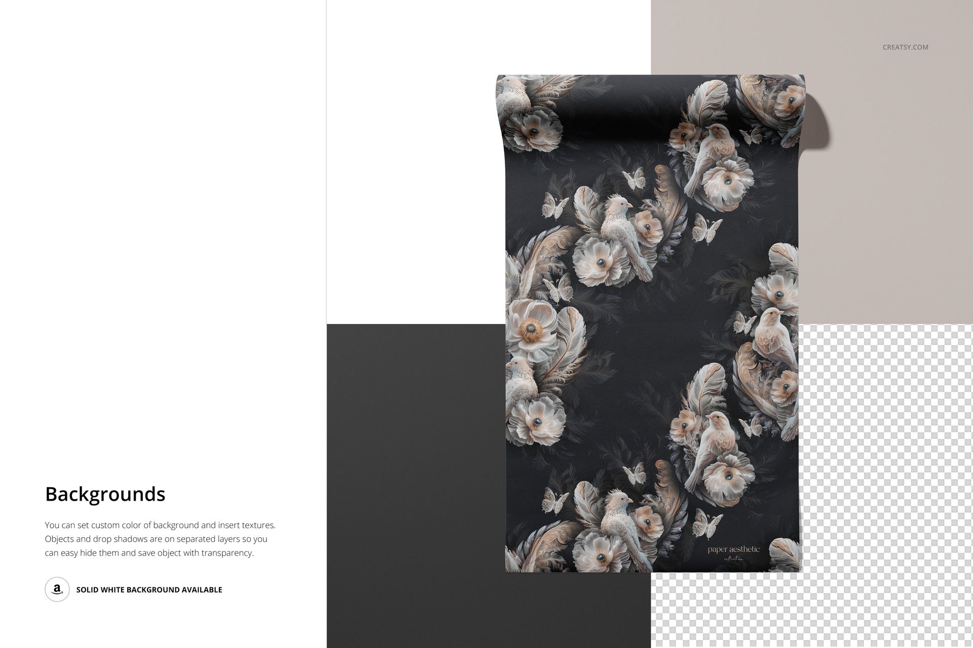 Non-woven vinyl wallpaper mockup featuring a floral design, shown from a top view on layered color blocks.