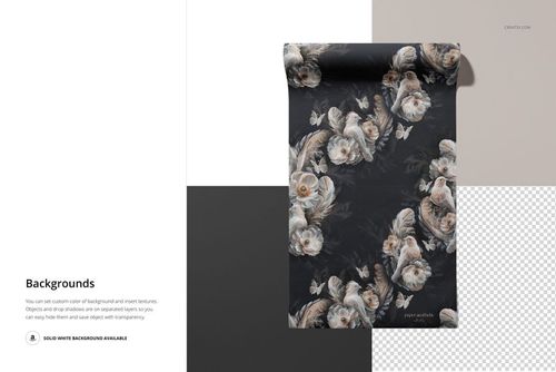 Non-woven vinyl wallpaper mockup featuring a floral design, shown from a top view on layered color blocks.