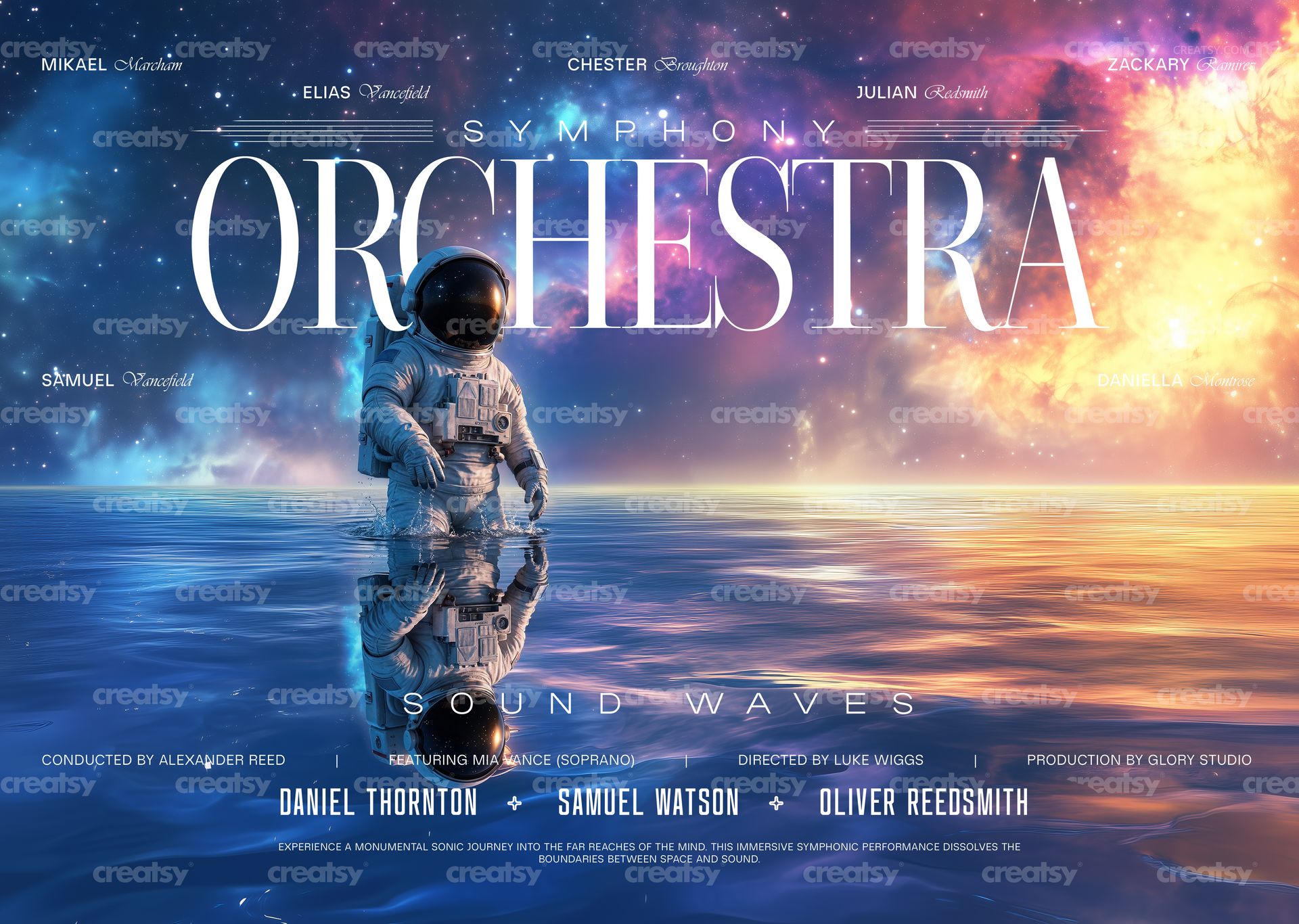 Front view of a surreal poster mockup featuring an astronaut in water beneath colorful cosmic clouds and sunset hues.