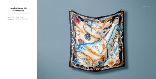 Silk scarf mockup displayed on a wall, featuring colorful botanical and swirling designs, photographed head-on.