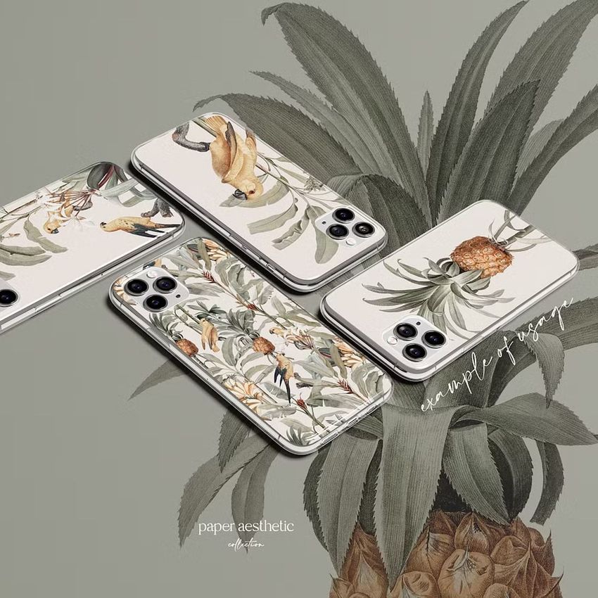 Four iPhone 11 Pro clear case mockups with tropical floral and bird illustrations arranged on a botanical background.