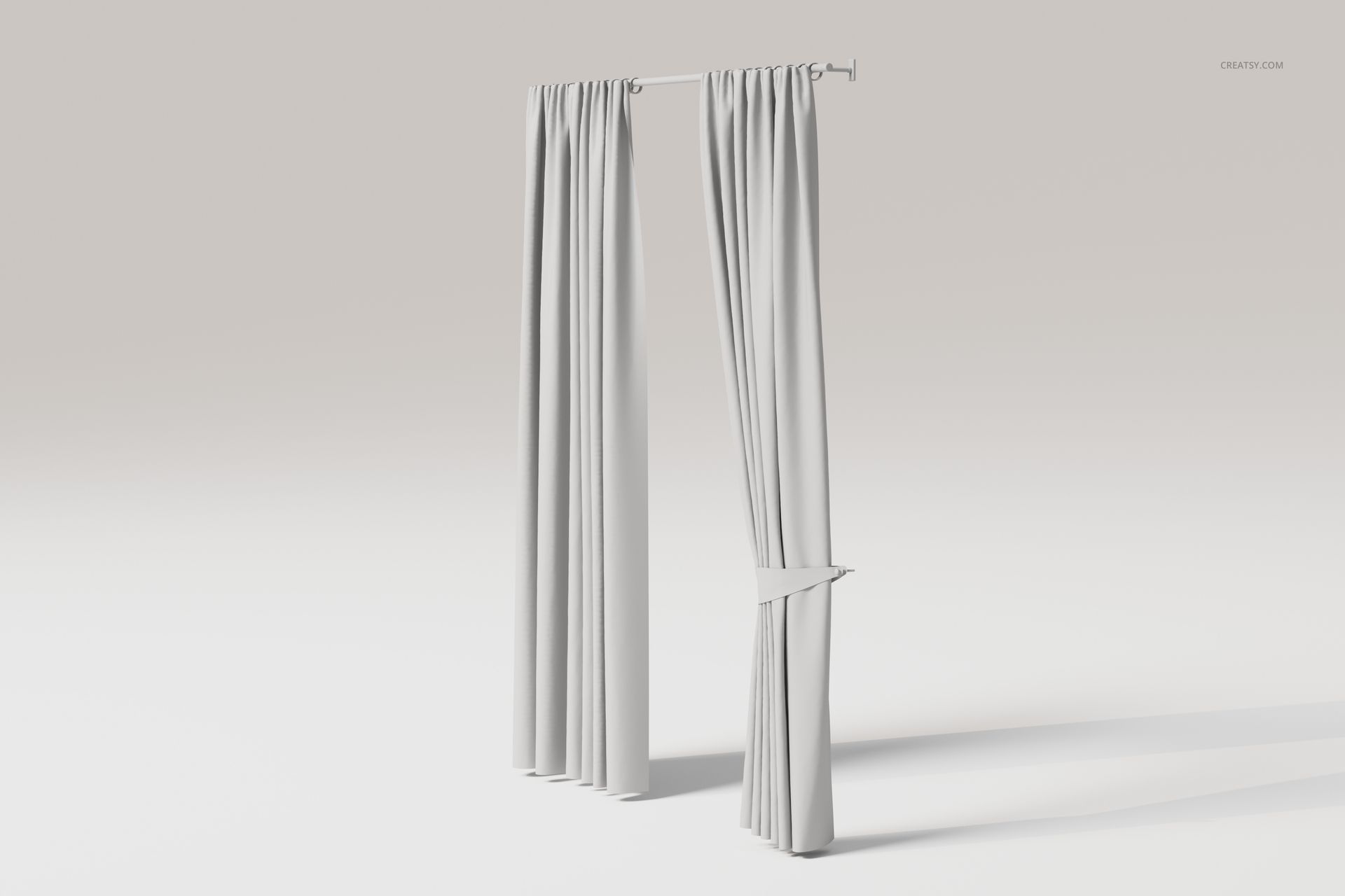 Front view of a pair of light gray curtains with tiebacks, hanging from a simple rod against a plain background.