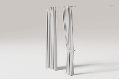 Front view of a pair of light gray curtains with tiebacks, hanging from a simple rod against a plain background.