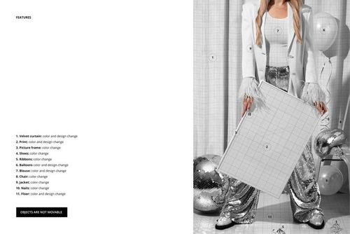 Person in silver sequin pants and white jacket holding a framed poster mockup at a disco-themed party scene.