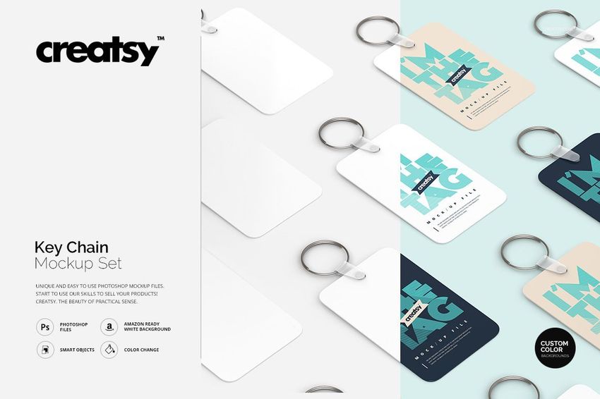 Keychain PSD mockup set with assorted rectangular tags, some blank and some with blue and teal designs, viewed from above.
