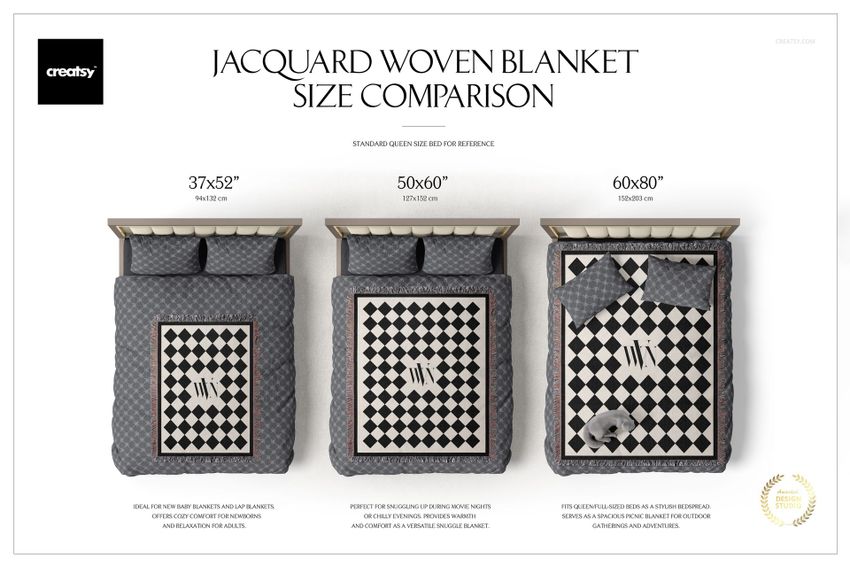 PSD mockup of three beds with jacquard woven blankets in varying dimensions and a bold black and white pattern.