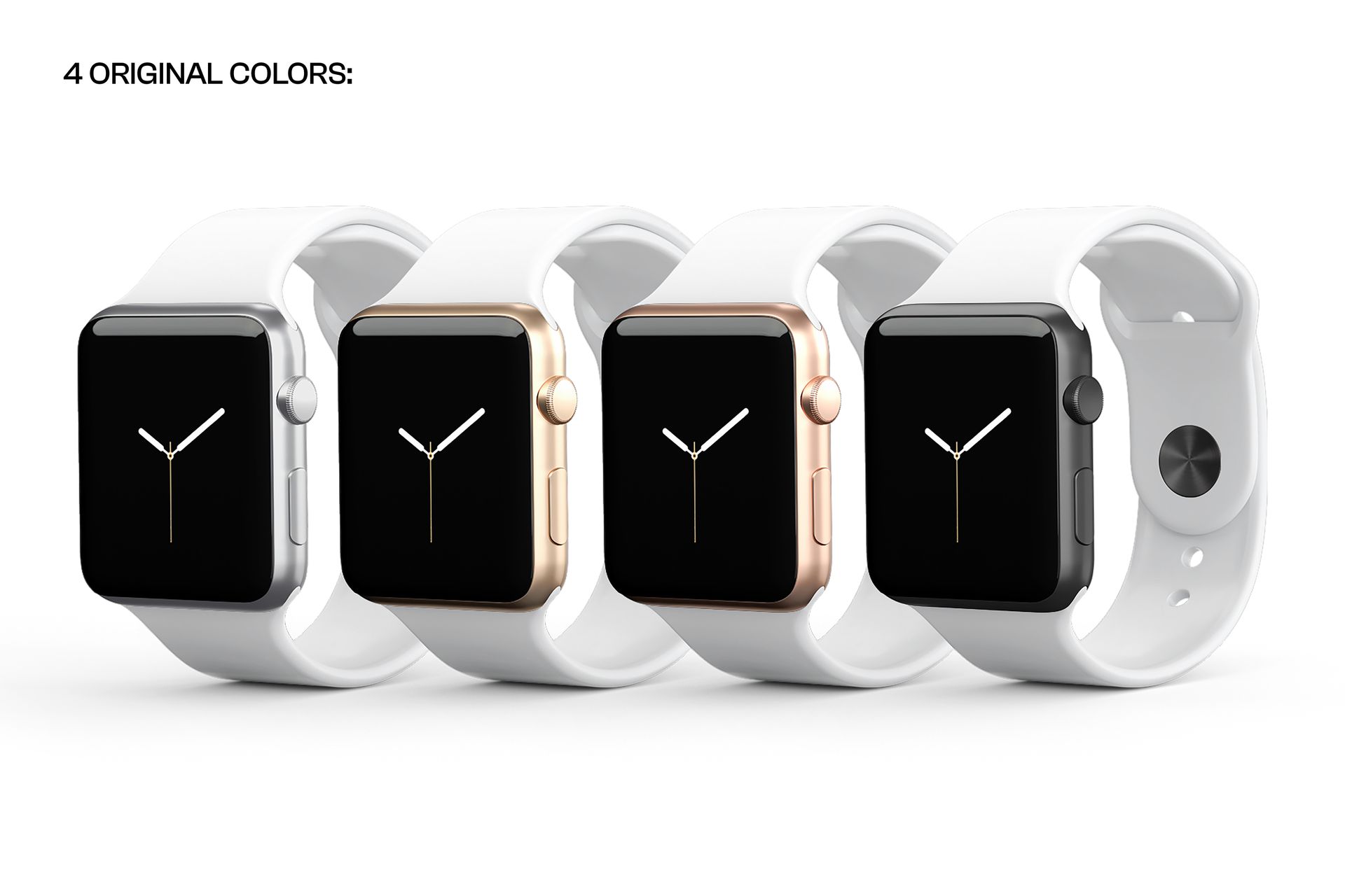 Apple Watch Band mockup set featuring four watches with white bands, displayed in a row from a front perspective.