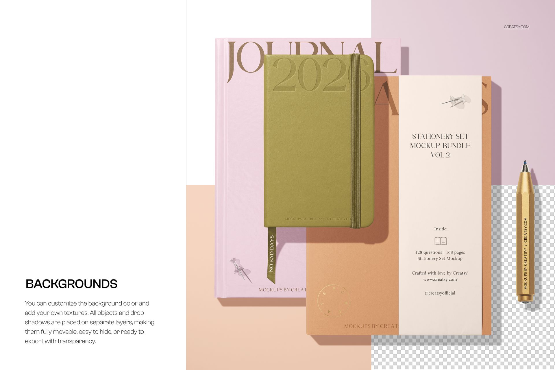 Stationery mockup featuring a hardcover pocket calendar notebook, planner, and pen in soft neutral colors, viewed from above.