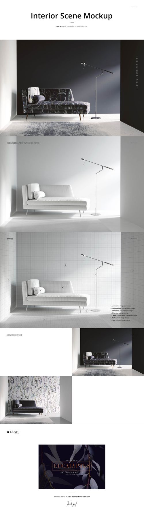 Modern interior scene with a sofa, pillow, and floor lamp on a split black and white wall, shown in a PSD mockup.