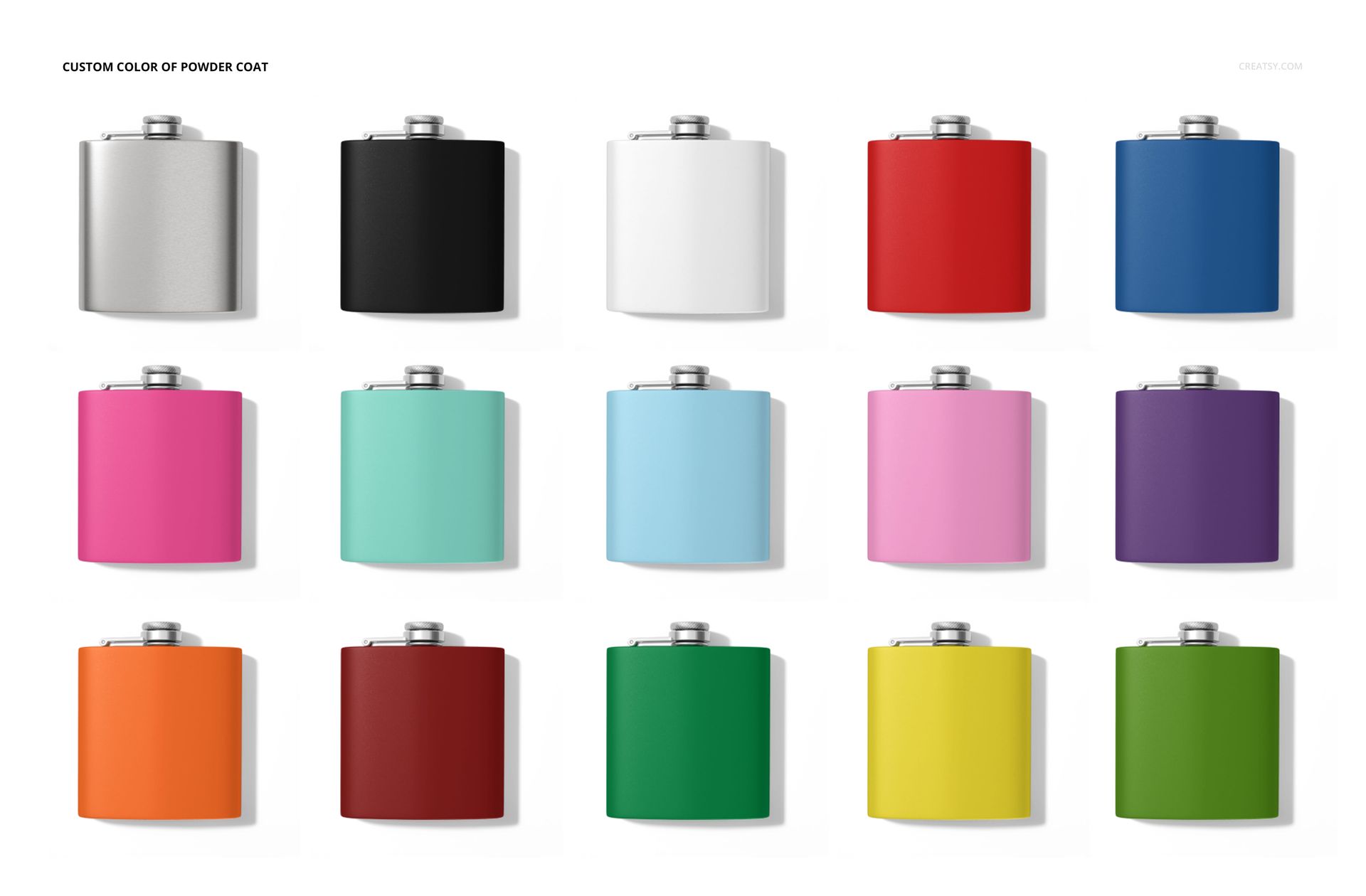 PSD mockup set showing assorted drinkware flasks with matte and glossy surfaces, organized in rows by color.