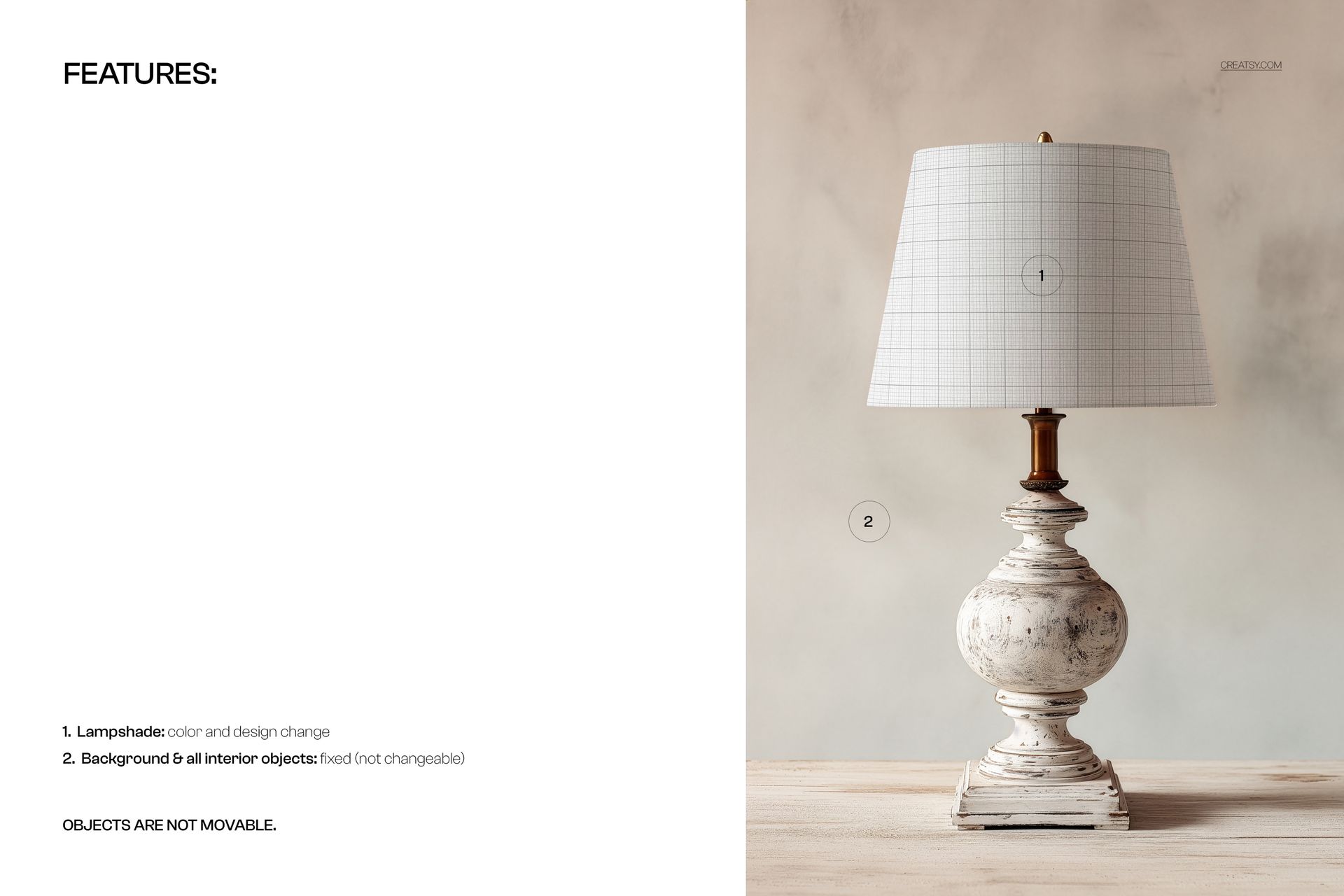 Classic white table lamp with a rounded pedestal base and terracotta details, featuring a grid-patterned lampshade mockup.